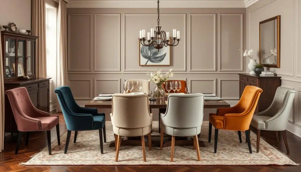 Elegante eetkamer met verschillende stoffen eetkamerstoelen rond een houten tafel Elegante eetkamer met verschillende stoffen eetkamerstoelen rond een houten tafel