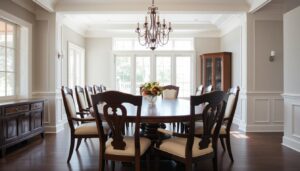 Elegante eetkamerstoelen met armleuning rond een houten eettafel in een lichte eetkamer