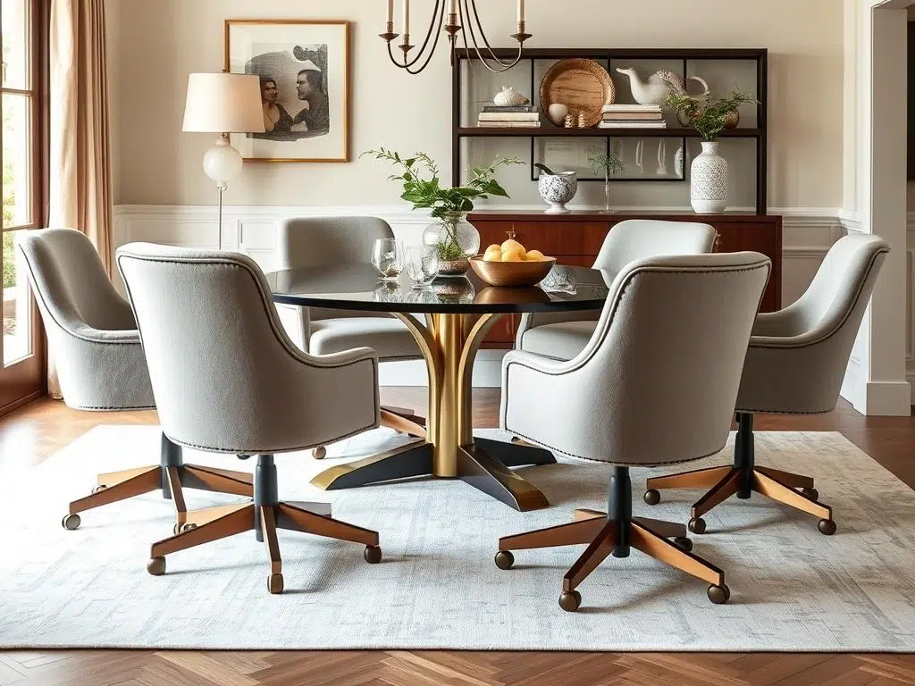 Elegante eetkamerstoelen met wieltjes rond een eettafel Elegante eetkamerstoelen met wieltjes rond een eettafel