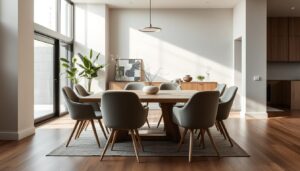 Elegante eetkamerstoelen zonder armleuning rond een houten eettafel in een modern interieur