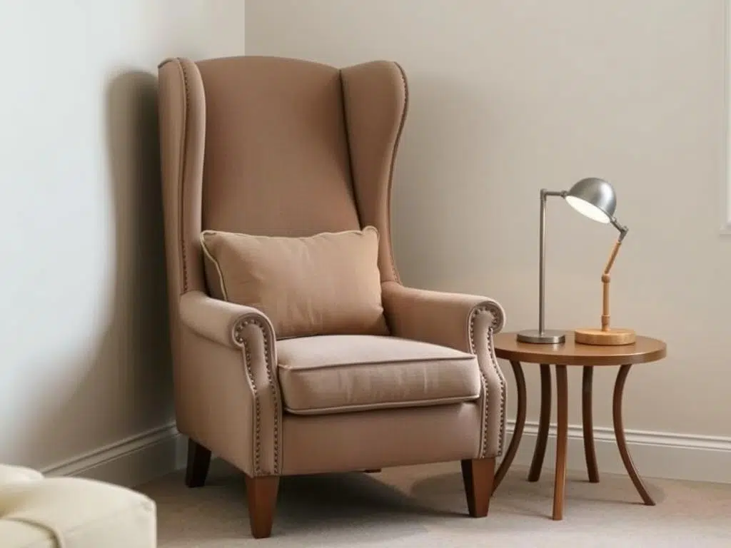 Elegante fauteuil met hoge rugleuning en zachte bekleding in een gezellige woonkamerhoek Elegante fauteuil met hoge rugleuning en zachte bekleding in een gezellige woonkamerhoek