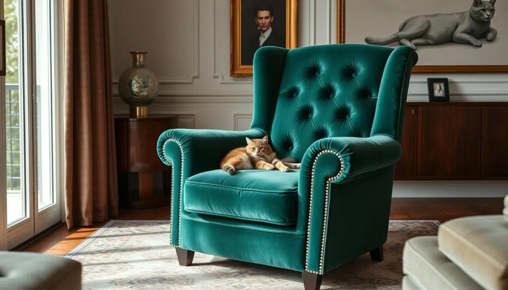 Elegante fluwelen fauteuil in een interieur Elegante fluwelen fauteuil in een interieur
