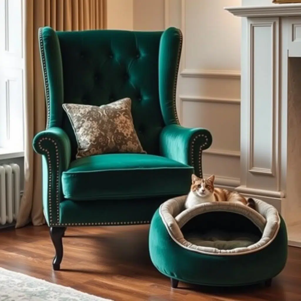 Elegante fluwelen fauteuil met bijpassend kattenbankje ernaast Elegante fluwelen fauteuil met bijpassend kattenbankje ernaast