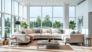 Elegante hoekbank in een moderne woonkamer met veel ruimte en licht