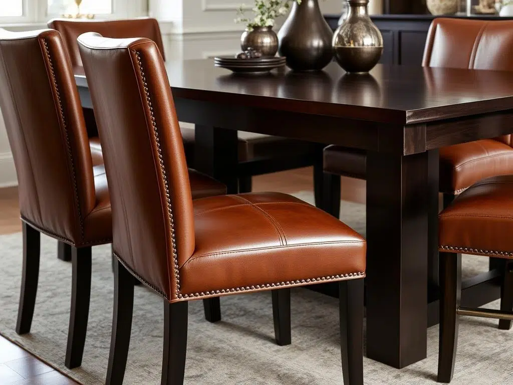 Elegante leren eetkamerstoelen in cognac kleur rond een donkere houten eettafel Elegante leren eetkamerstoelen in cognac kleur rond een donkere houten eettafel