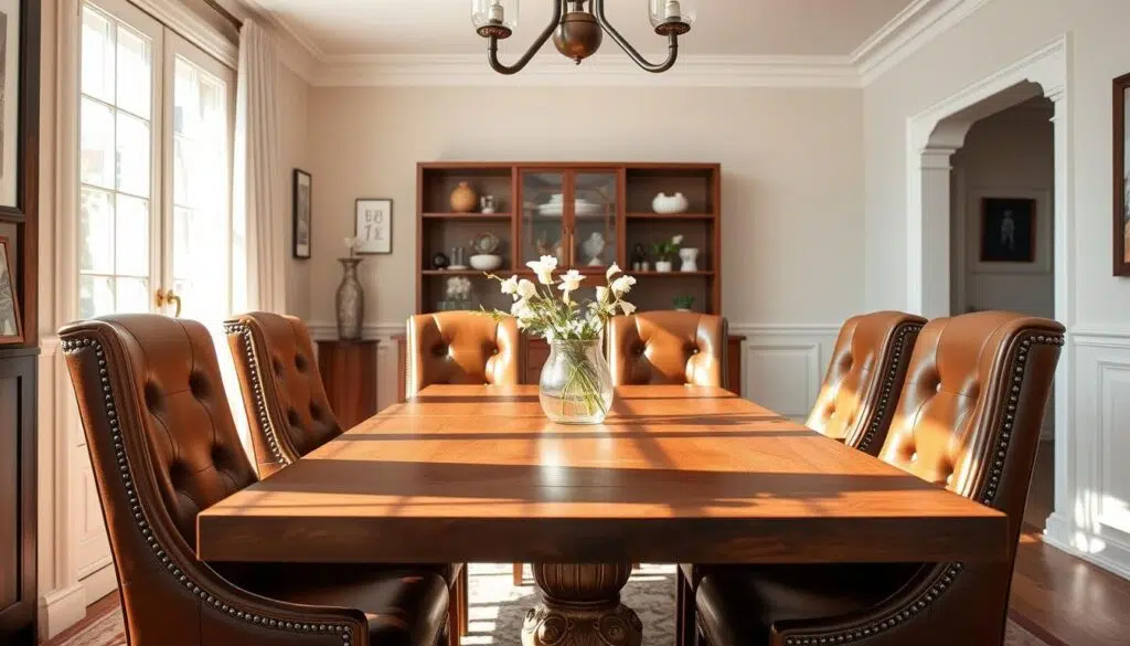 Elegante leren eetkamerstoelen in een stijlvolle eetkamer setting