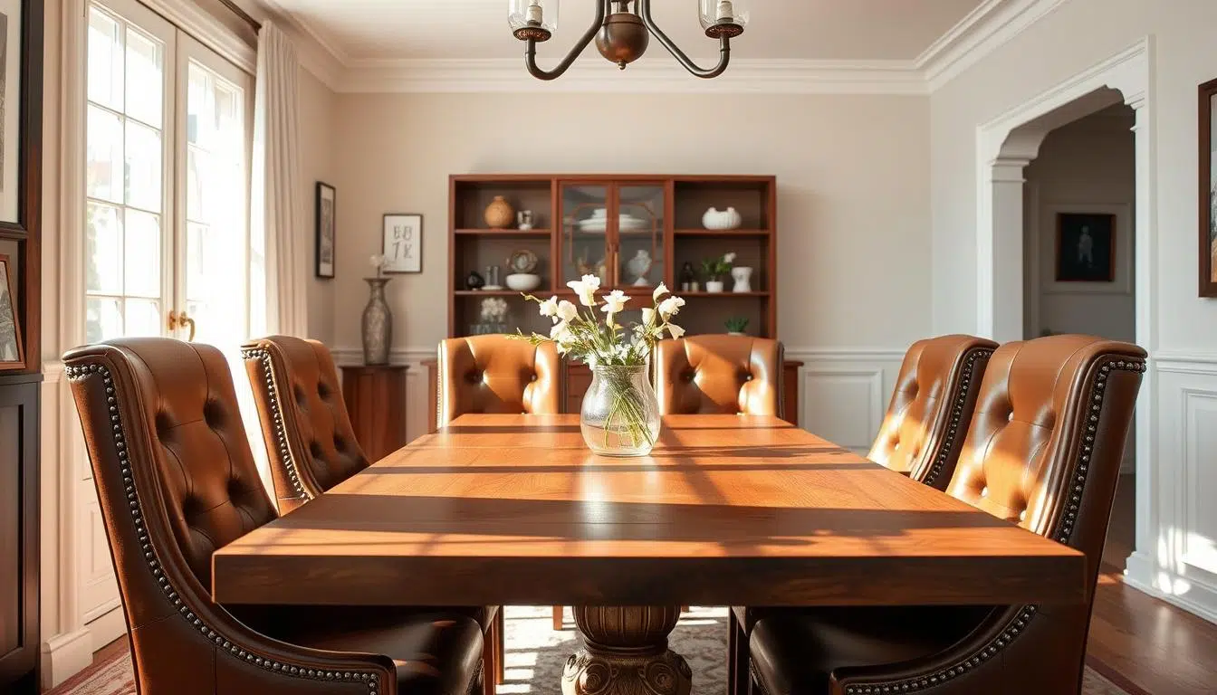 Elegante leren eetkamerstoelen in een stijlvolle eetkamer setting