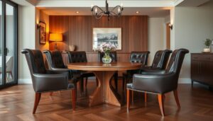 Zes leren eetkamerstoelen rondom een ronde houten eettafel in een moderne eetkamer.