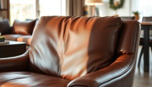 Elegante leren stoel in een moderne woonkamer met nadelen van leren stoelen zichtbaar