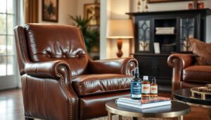 Elegante leren stoel in een woonkamer met leren stoelen onderhoud producten