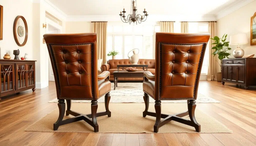 Elegante leren stoelen in een woonkamer setting die proper en goed onderhouden zijn