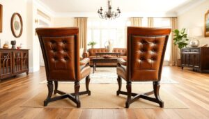Elegante leren stoelen in een woonkamer setting die proper en goed onderhouden zijn