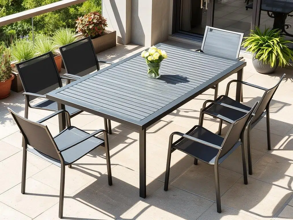 Elegante metalen eettafel op een terras met stoelen eromheen Elegante metalen eettafel op een terras met stoelen eromheen