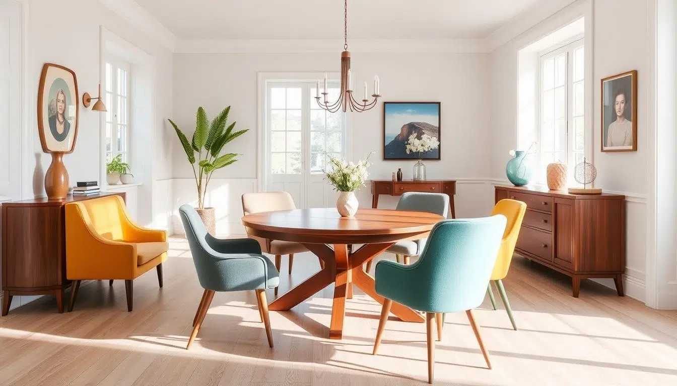 Elegante ronde eettafel met verschillende stijlvolle eetkamerstoelen in een lichte eetkamer