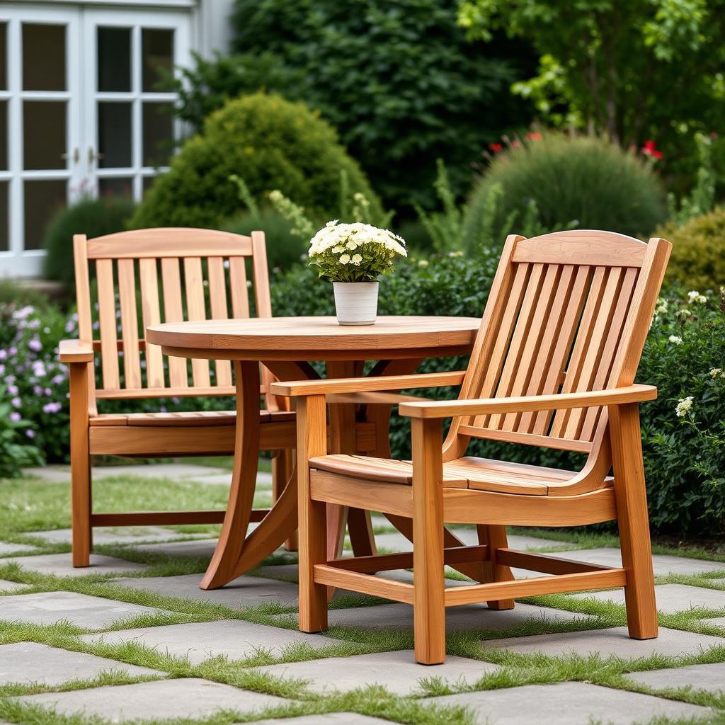Elegante teakhouten tuinstoelen bij bijpassende houten tafel, tuinstoelen bij houten tafel in klassieke stijl Elegante teakhouten tuinstoelen bij bijpassende houten tafel, tuinstoelen bij houten tafel in klassieke stijl