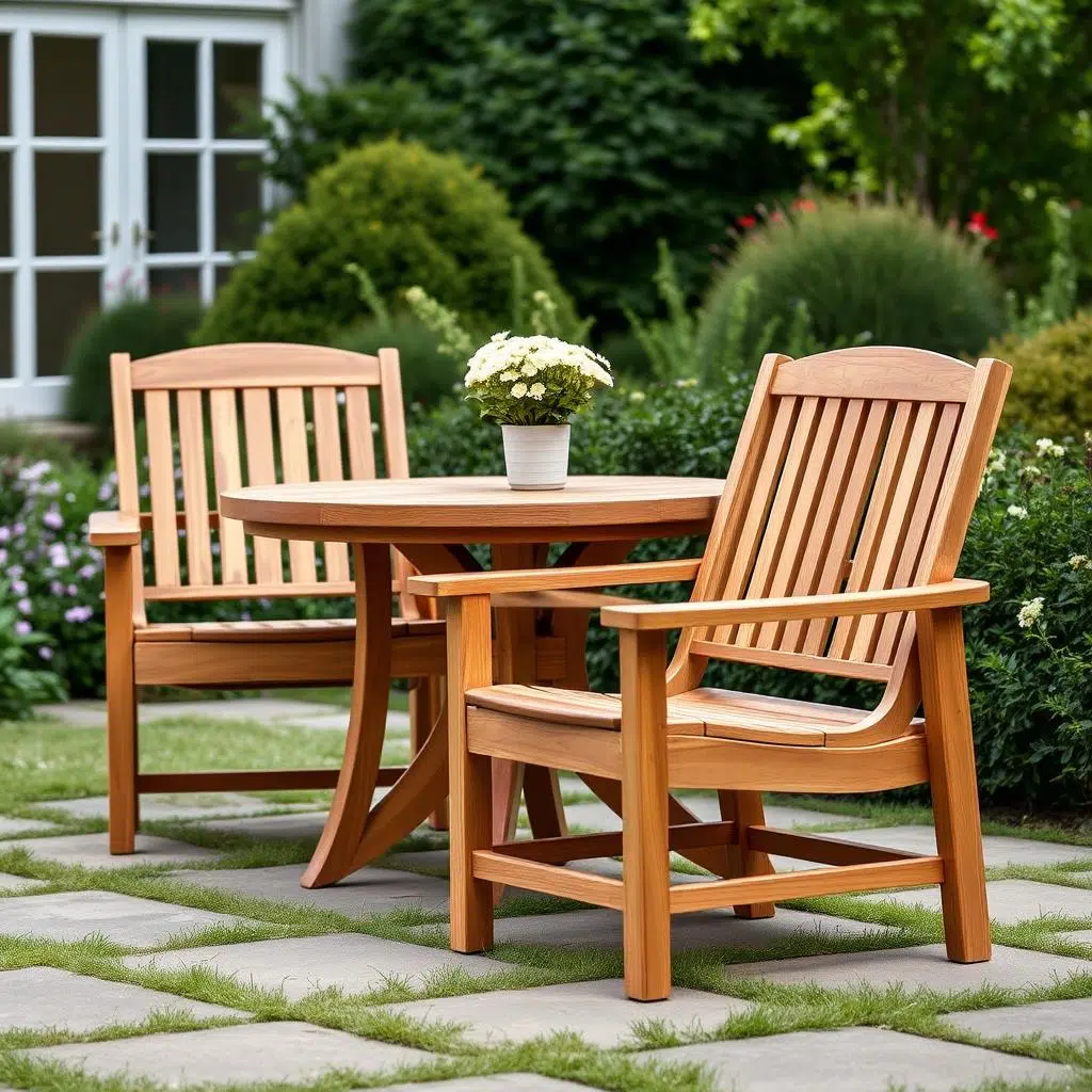 Elegante teakhouten tuinstoelen bij bijpassende houten tafel, tuinstoelen bij houten tafel in klassieke stijl Elegante teakhouten tuinstoelen bij bijpassende houten tafel, tuinstoelen bij houten tafel in klassieke stijl