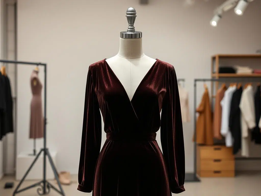 Elegante velvet jurk op een mannequin in een modestudio Elegante velvet jurk op een mannequin in een modestudio