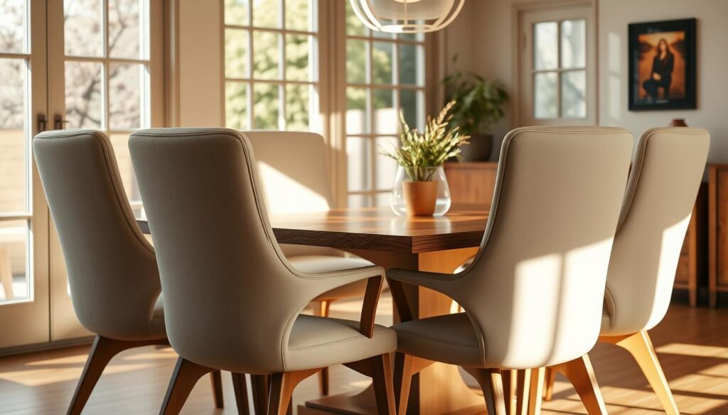 Ergonomic dining chairs in a warm, inviting interior. A group of sleek, modern chairs with plush, padded seats and backrests in neutral tones, arranged around a wooden table in a cozy, sun-drenched room. Soft natural lighting filters in through large windows, casting a gentle glow on the carefully curated space. The chairs' clean lines and subtle curves create an air of sophistication, while their ergonomic design promises exceptional comfort. The scene conveys a sense of timeless style and functional elegance, perfectly suited for the "Comfort and Functionality" section of the article.