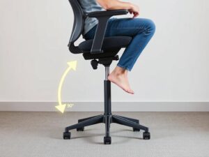 Persoon die in een ergonomische zithouding op een verstelbare bureaustoel zit met een rechte rug.