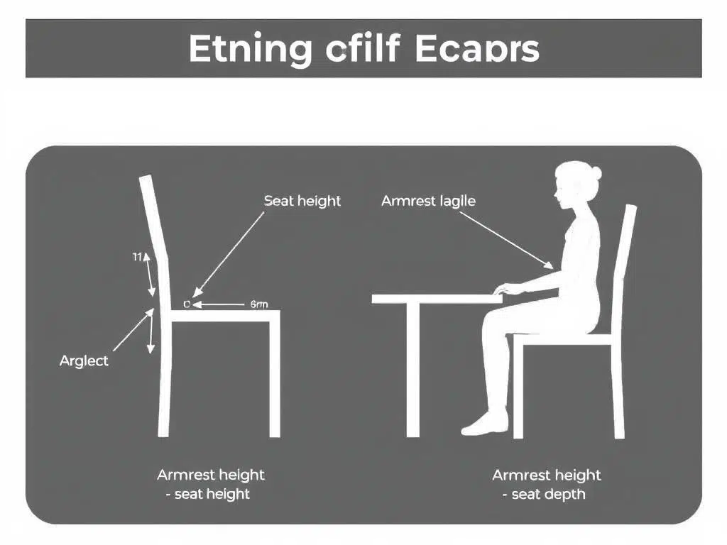 Ergonomische aspecten van een eetkamerstoel met aanduiding van zithoogte, rugleuning en armleuningen