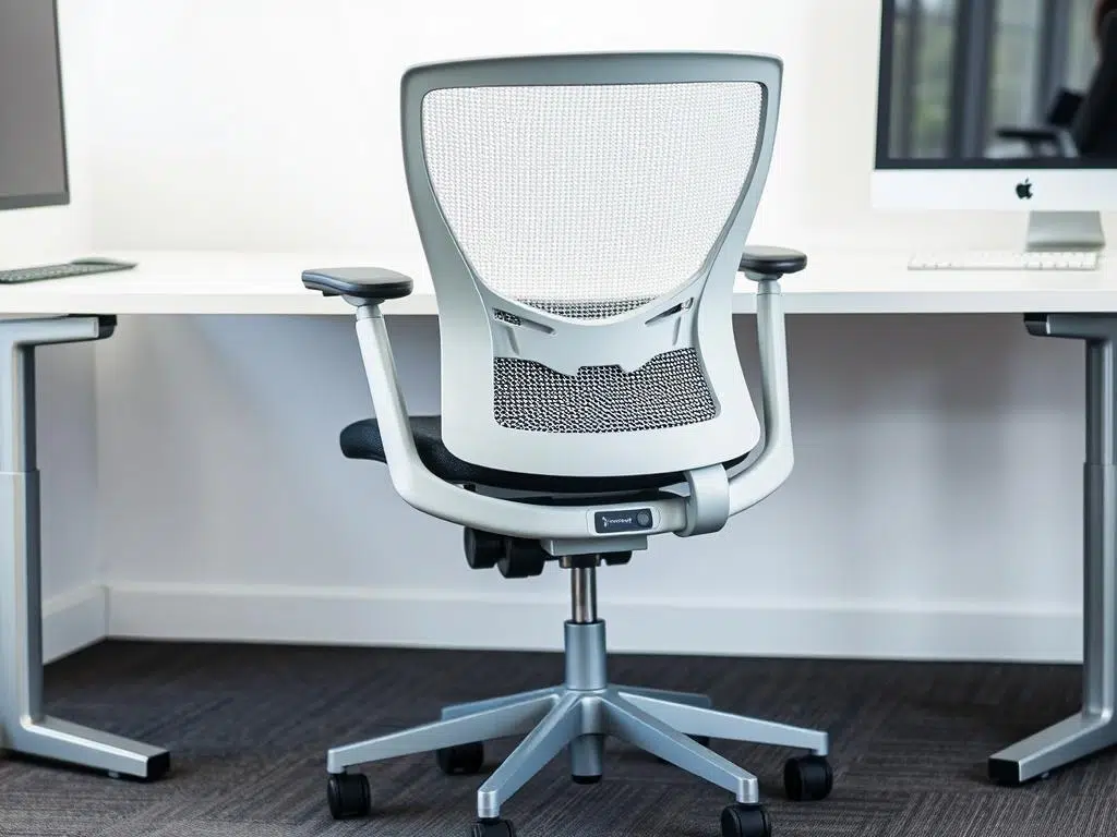 Ergonomische bureaustoel met verstelbare elementen bij een modern bureau Ergonomische bureaustoel met verstelbare elementen bij een modern bureau