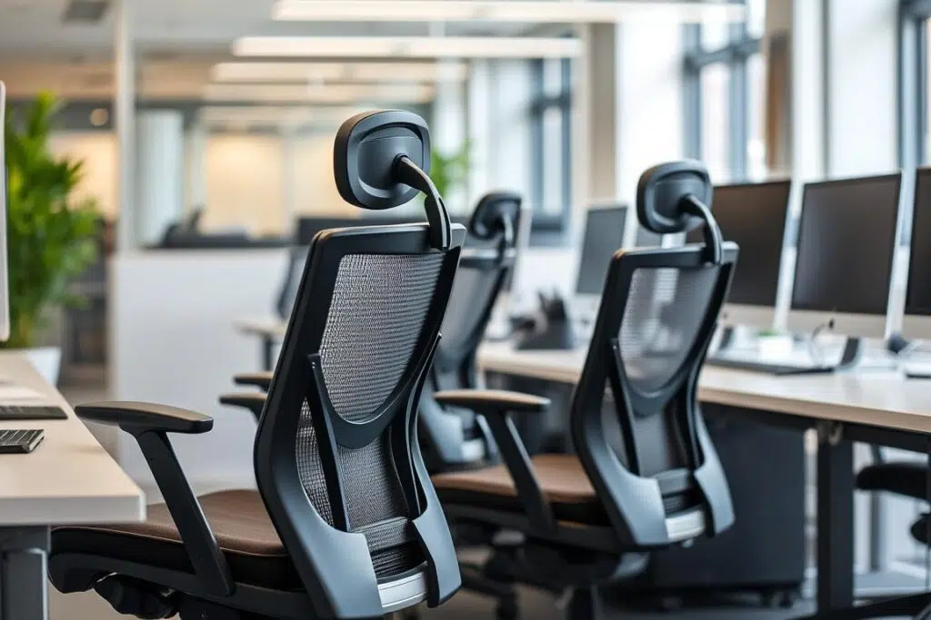 Ergonomische bureaustoelen zonder armleuningen bij een modern werkstation Ergonomische bureaustoelen zonder armleuningen bij een modern werkstation