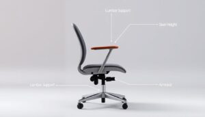 Ergonomische eetkamerstoel met aanduiding van belangrijke comfortkenmerken zoals rugondersteuning en zithoogte