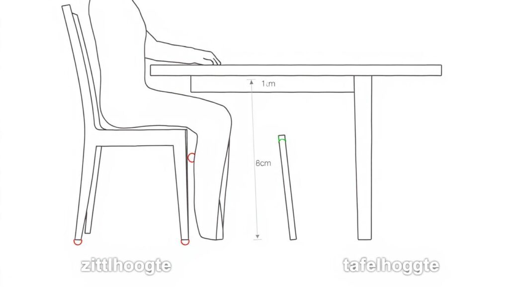 Illustratie van een ergonomische zithouding aan een eettafel met stoelhoogte-aanduiding.