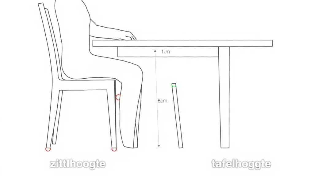 Ergonomische zithouding aan een eettafel met aanduiding hoe hoog moet mijn stoel zijn vanaf de eettafel