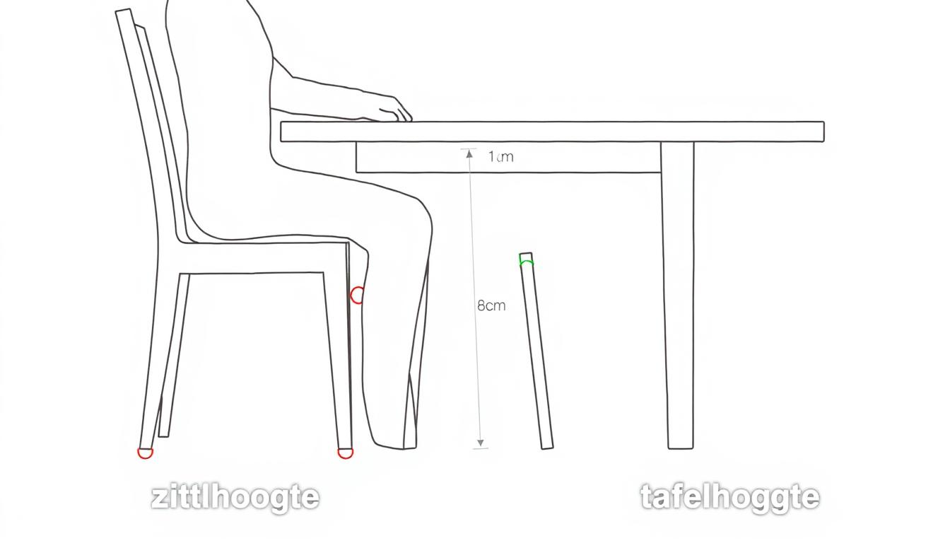 Illustratie van een ergonomische zithouding aan een eettafel met stoelhoogte-aanduiding.