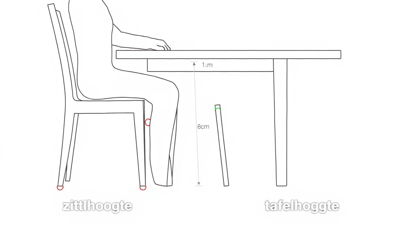 Ergonomische zithouding aan een eettafel met aanduiding hoe hoog moet mijn stoel zijn vanaf de eettafel