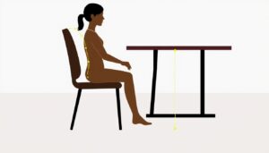 Illustratie van een persoon in een ergonomische zithouding aan een eettafel met hogere stoelen.