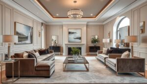 woonkamer met luxe meubels en neutrale kleuren