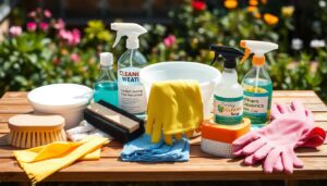 Essentiële schoonmaakbenodigdheden voor tuinmeubelen zoals borstels, sponzen, emmers en natuurlijke reinigingsmiddelen