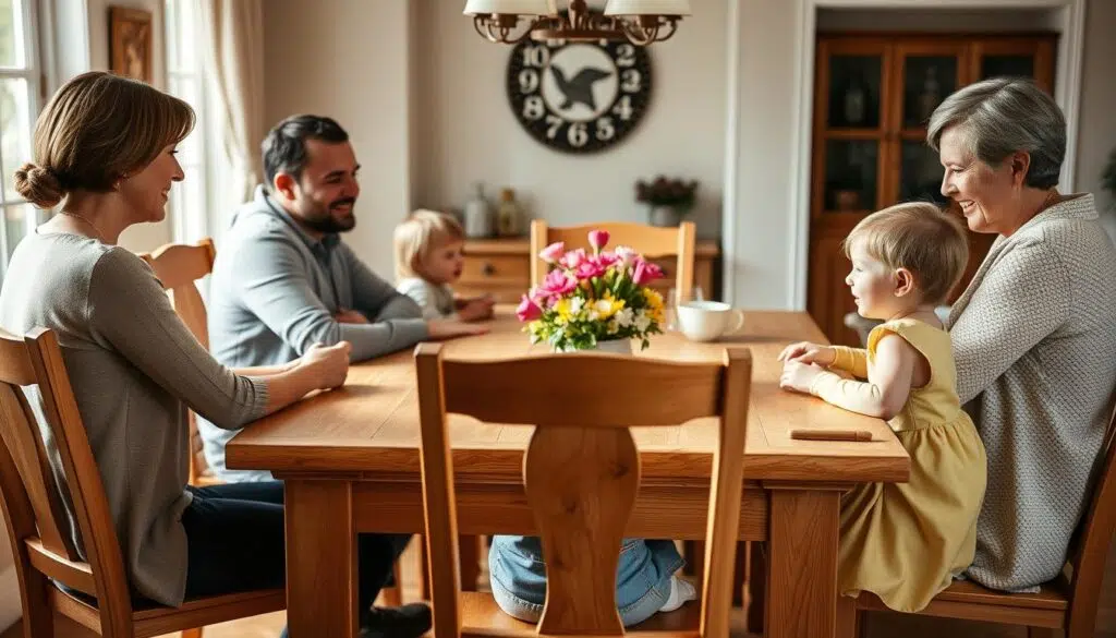Familie aan een eettafel van 74 cm met stoelen van verschillende hoogtes voor volwassenen en kinderen Familie aan een eettafel van 74 cm met stoelen van verschillende hoogtes voor volwassenen en kinderen