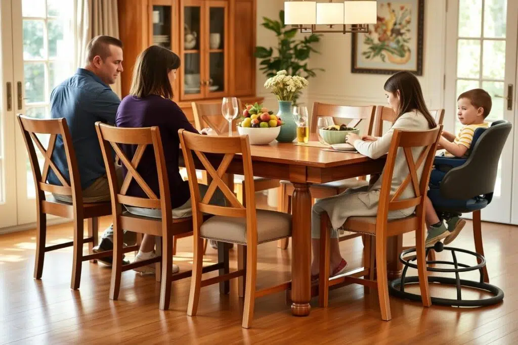 Familie aan eettafel met verschillende stoelhoogtes, inclusief kinderstoel en een volwassene op een stoel met ideale zithoogte eetkamerstoel Familie aan eettafel met verschillende stoelhoogtes, inclusief kinderstoel en een volwassene op een stoel met ideale zithoogte eetkamerstoel