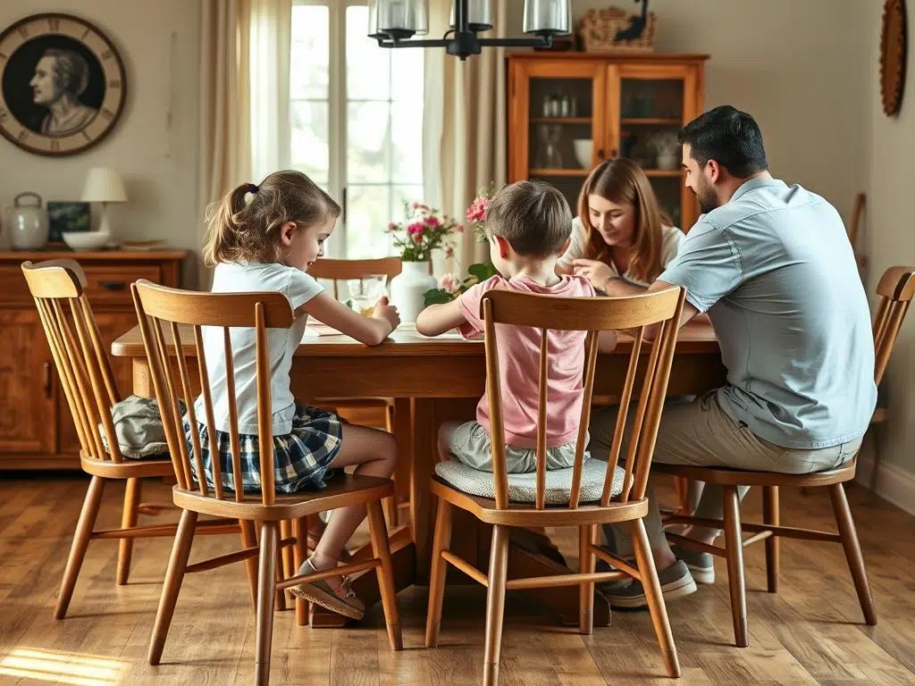 Familie aan eettafel toont intensief gebruik van eetkamerstoelen Familie aan eettafel toont intensief gebruik van eetkamerstoelen