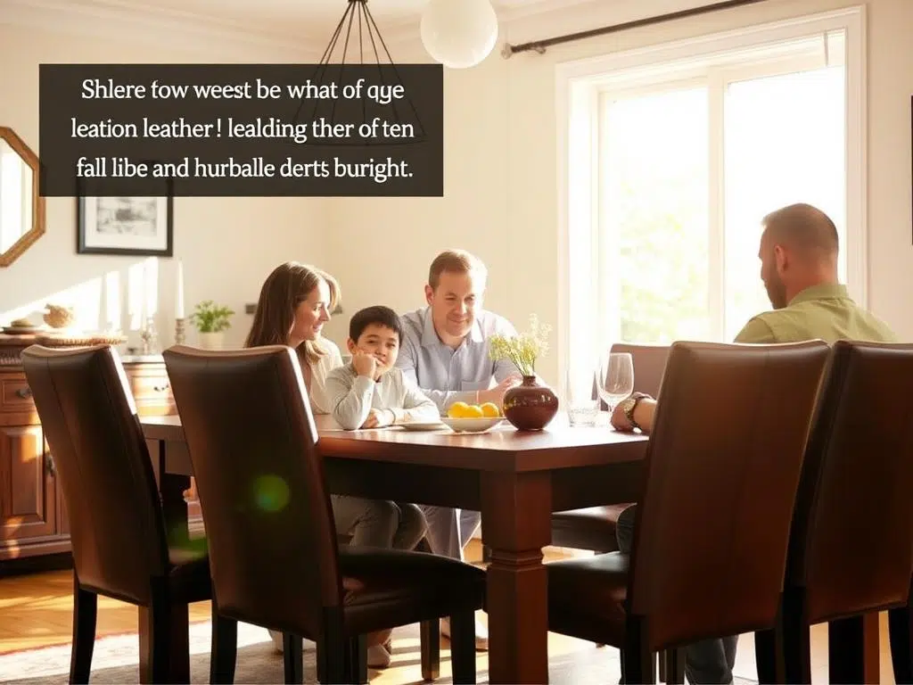 Familie die aan een eettafel zit met leren eetkamerstoelen in een zonnige kamer Familie die aan een eettafel zit met leren eetkamerstoelen in een zonnige kamer