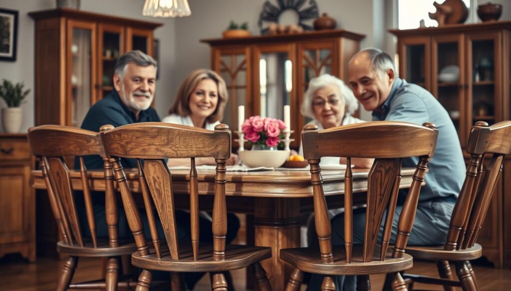 Familie die al jaren dezelfde kwaliteitsvolle eetkamerstoelen gebruikt, demonstreert hoe lang goede eetkamerstoelen mee kunnen gaan