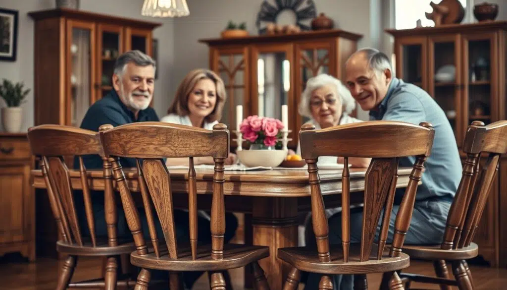Familie die al jaren dezelfde kwaliteitsvolle eetkamerstoelen gebruikt, demonstreert hoe lang goede eetkamerstoelen mee kunnen gaan