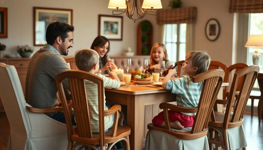 Familie die comfortabel aan tafel zit met stoelen Familie die comfortabel aan tafel zit met stoelen