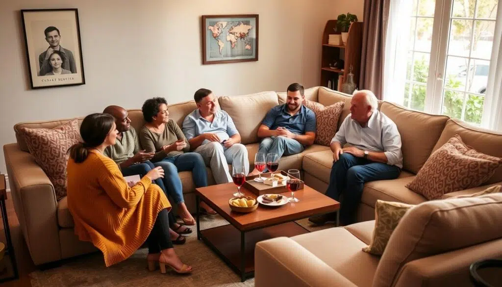 Familie en vrienden in gesprek op een ruime hoekbank in een gezellige woonkamer