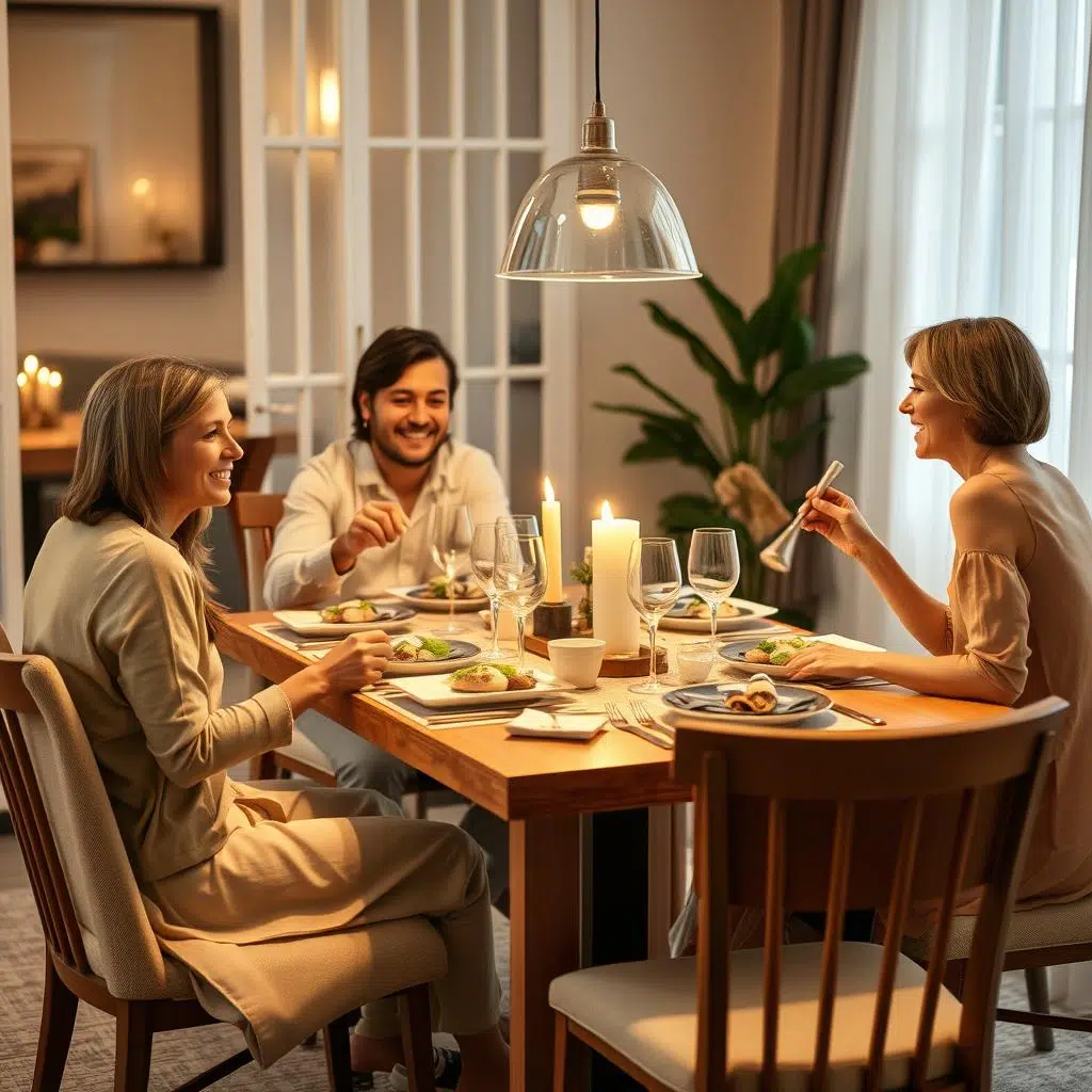 Familie geniet van een maaltijd aan een eettafel met een stoel Familie geniet van een maaltijd aan een eettafel met een stoel