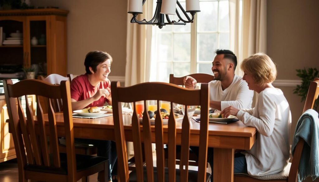 Familie geniet van maaltijd aan tafel met duurzame eetkamerstoelen Familie geniet van maaltijd aan tafel met duurzame eetkamerstoelen