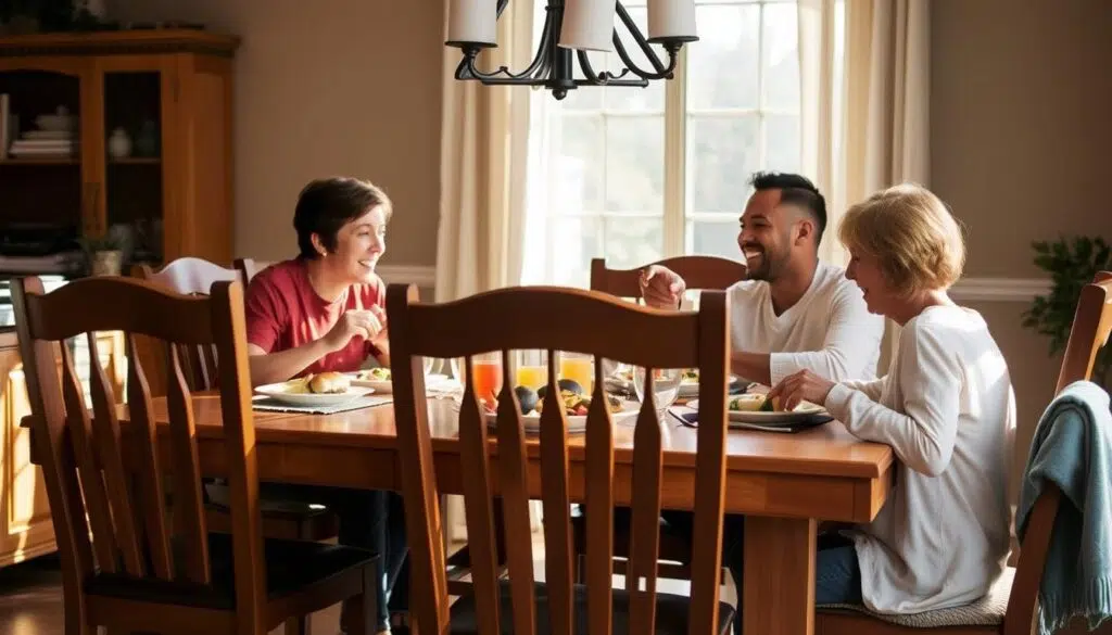 Familie geniet van maaltijd aan tafel met duurzame eetkamerstoelen Familie geniet van maaltijd aan tafel met duurzame eetkamerstoelen