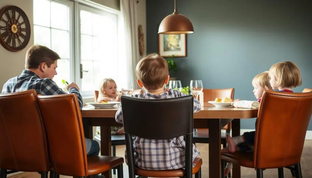Familie met kinderen aan tafel met leren eetkamerstoelen Familie met kinderen aan tafel met leren eetkamerstoelen