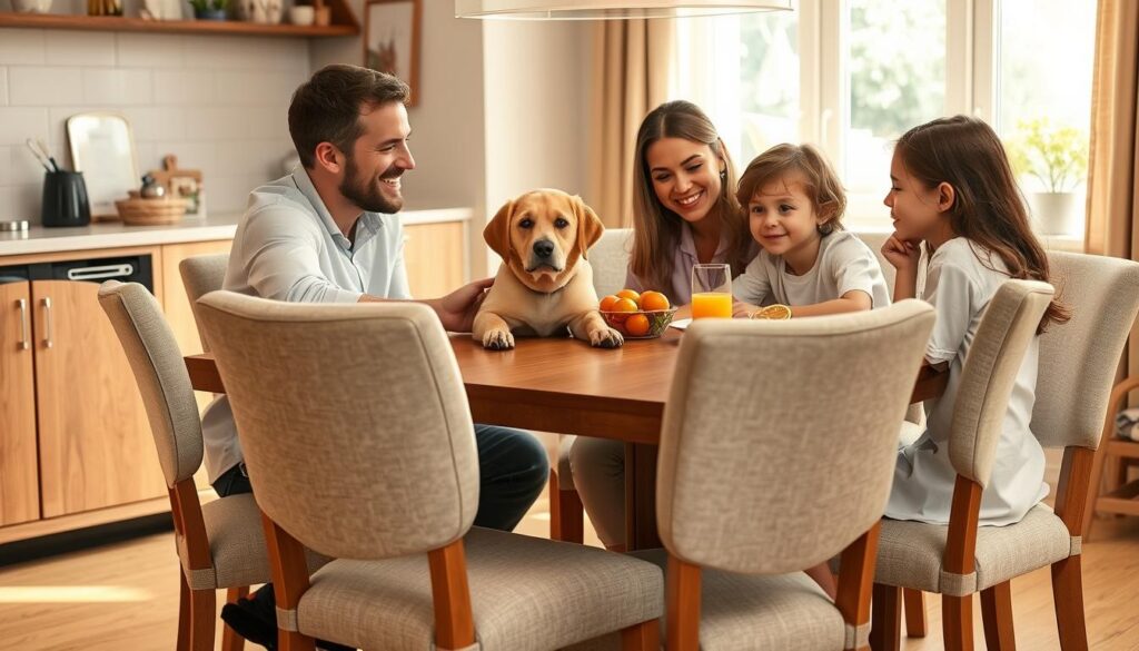 Familie met kinderen en huisdieren aan een eettafel met stoffen eetkamerstoelen Familie met kinderen en huisdieren aan een eettafel met stoffen eetkamerstoelen