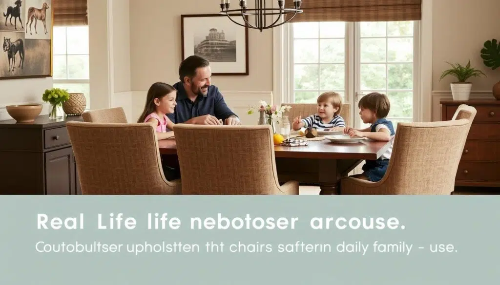 Familie met kinderen en huisdieren rond een eettafel met praktische eetkamerstoelen Familie met kinderen en huisdieren rond een eettafel met praktische eetkamerstoelen