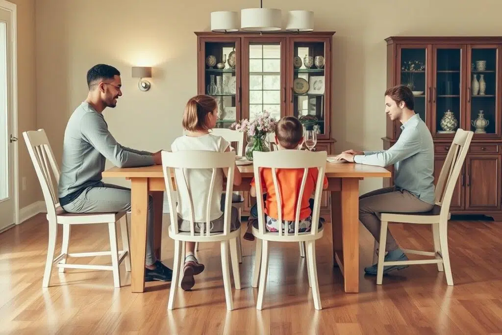 Familie van verschillende lengtes aan eettafel met stoelen van verschillende hoogtes Familie van verschillende lengtes aan eettafel met stoelen van verschillende hoogtes