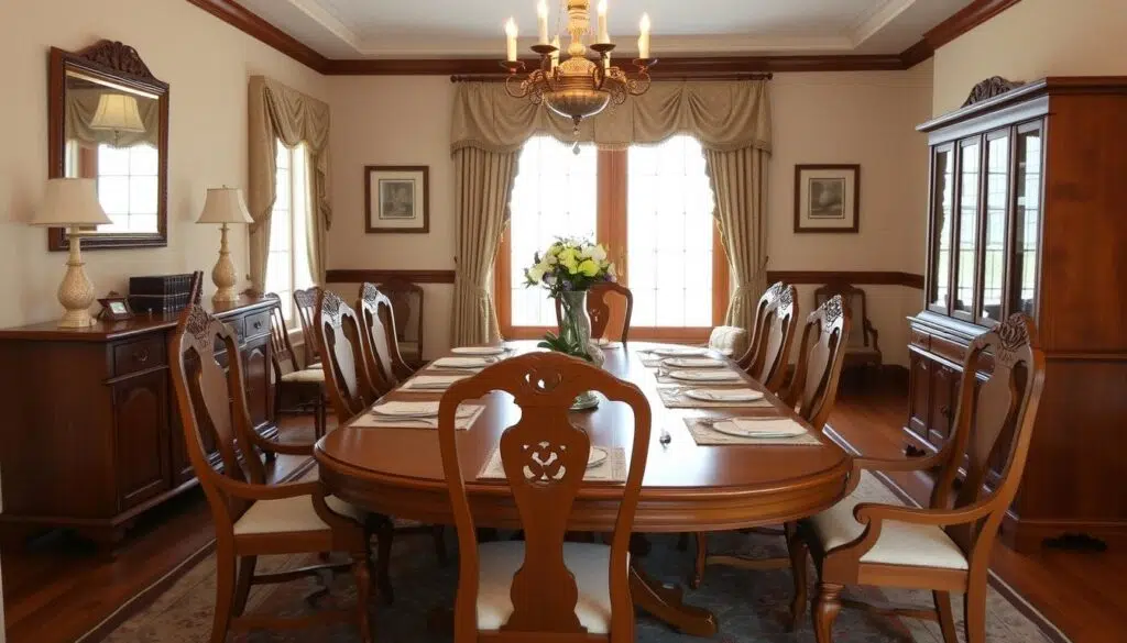 Formele eetkamer met matchende houten tafel en stoelen in klassieke stijl Formele eetkamer met matchende houten tafel en stoelen in klassieke stijl